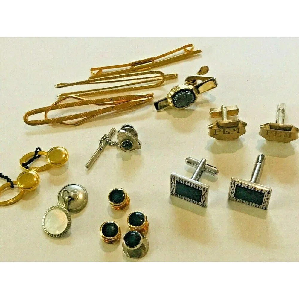 Lot‎ Set cufflinks Tie Bars Gold Silver Tone Tie Tack Chain Clip